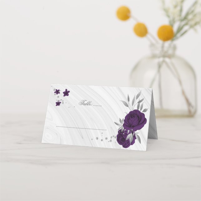Cartão De Mesa mármore prateado das flores roxas (Frente)