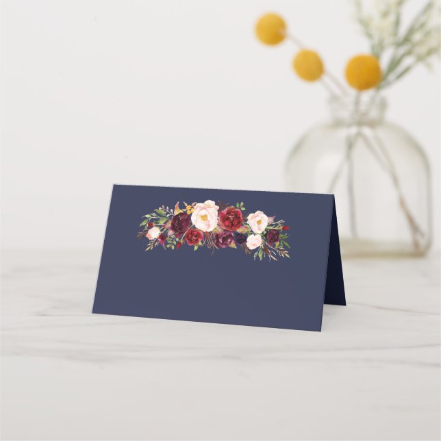 Cartão De Mesa Marsala Marinho Floral Nome Local Dobrado (Frente)