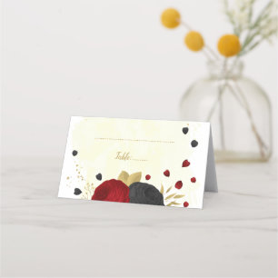 Cartão De Mesa matrimônio botânico vermelho escuro e flores preta