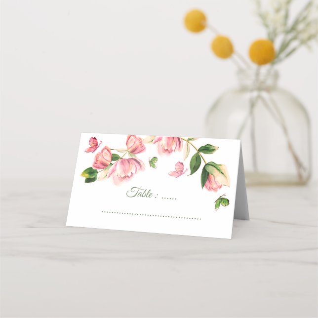Cartão De Mesa matrizes de flores rosa quente borboletas casament (Frente)