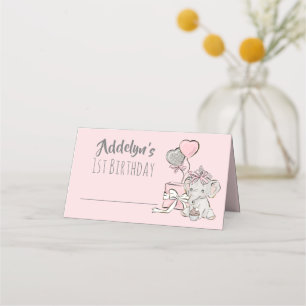 Cartão De Mesa Menina Bebê Princesa Elefante Rosa Cinza 1º Aniver
