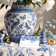 Mesa de Aves Florais Brancas de Chinoiserie Azul