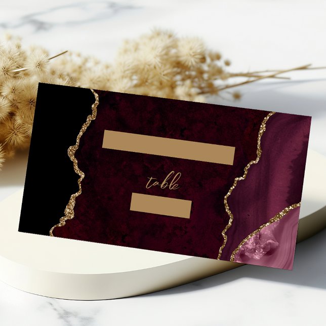 Cartão De Mesa Mesa de Casamento Burgundy Gold Agate Script (Criador carregado)