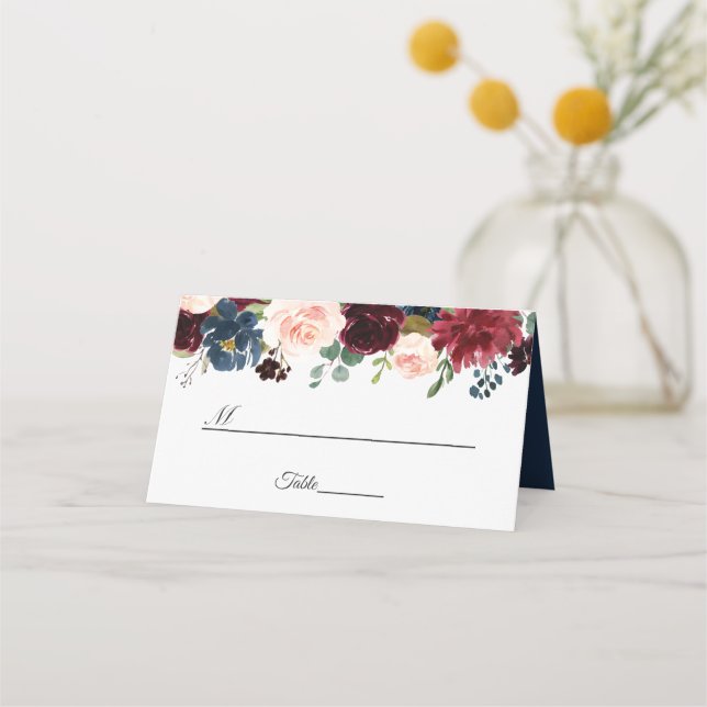 Cartão De Mesa Mesa De Casamento Floral Azul Marinho Blush Burgun (Frente)