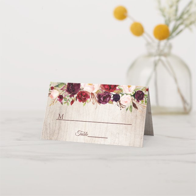 Cartão De Mesa Mesa De Casamento Floral Rustic Wood Burgundy Blus (Frente)