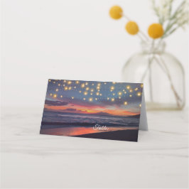 Cartão De Mesa Modern Beach String Lights Summer Wedding