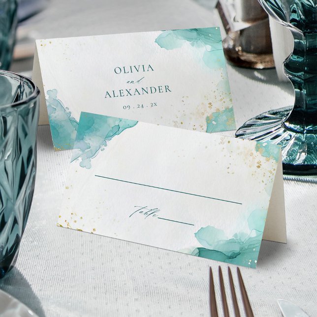 Cartão De Mesa Modern Teal Gold Abstract Beach Wedding (Criador carregado)