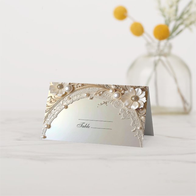 Cartão De Mesa Modern White Flowers Pearls Place Card (Frente)