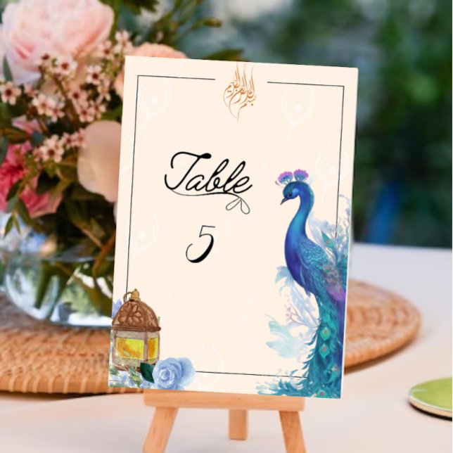 cartão de Mesa muçulmana com estilo pacífico ilust (Illustrated Peacock Bismillah table Sign)