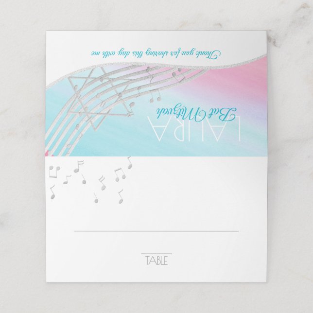 Cartão De Mesa Music Bat Mitzvah Silver Music Notes Seating Card (Exterior/Desdobrado)
