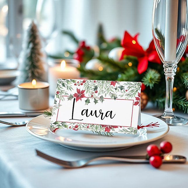 Cartão De Mesa Natal Holly com Aquarela (Criador carregado)