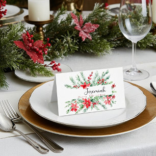 Cartão De Mesa Natalina de aguarela poinsettia e verde