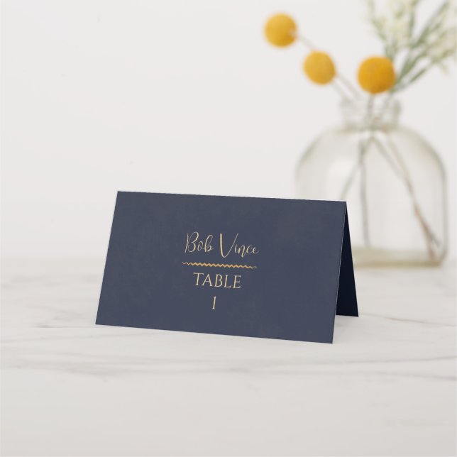 Cartão De Mesa Navy & Dourado Luxuoso Casamento Script Botânico (Frente)
