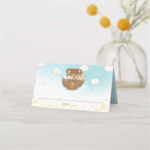 Cartão De Mesa Noah's Ark Blue Cute Animal Baptism Nome do Convid