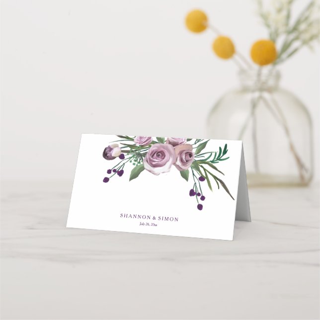 Cartão De Mesa Nome da Mesa Romântica de Casamento Floral Roxo (Frente)