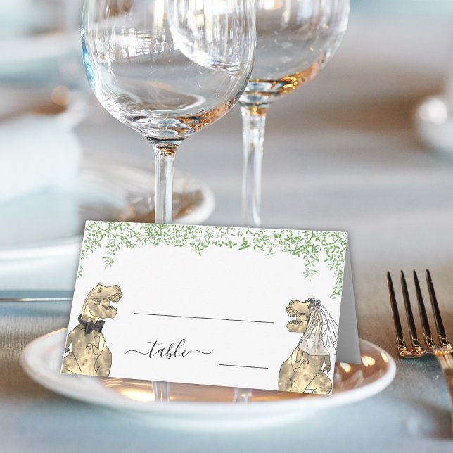 Cartão De Mesa Nome do Convidado do Casamento de Dinossauro (Dinosaur wedding table guest name place cards watercolor eucalyptus foliage fun T-Rex bride & groom)