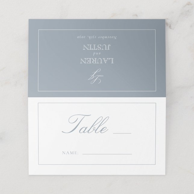 Cartão De Mesa Número da Tabela de Casamento de Script Azul Dusty (Exterior/Desdobrado)