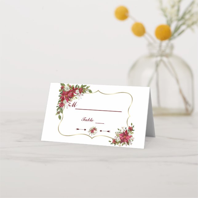 Cartão De Mesa Número de Mesa Dourada de Poinsettia Branca Vermel (Verso)