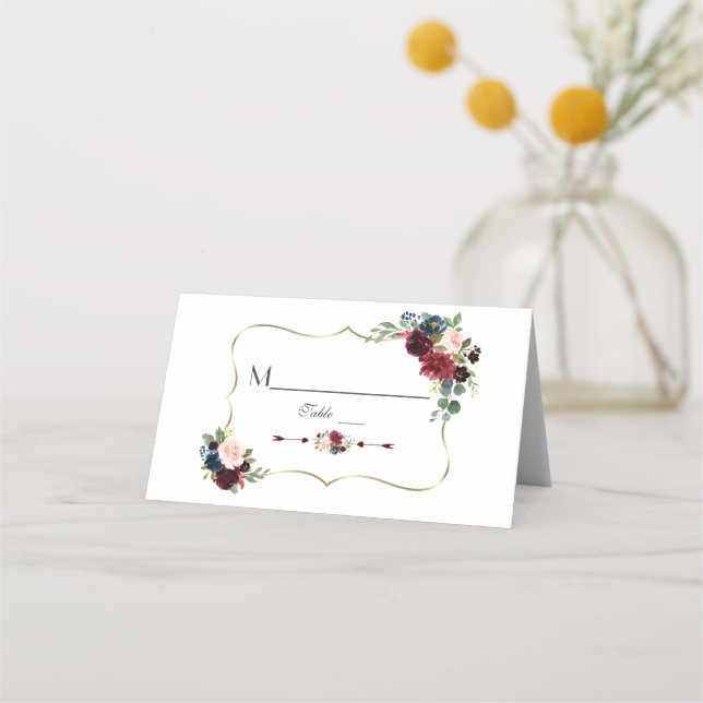 Cartão De Mesa Número de Tabela Floral Azul do Marinho de Merlot  (Frente)