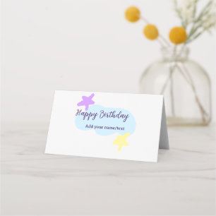 Cartão De Mesa Nuvens azul pastel estrelas roxo feliz aniversário