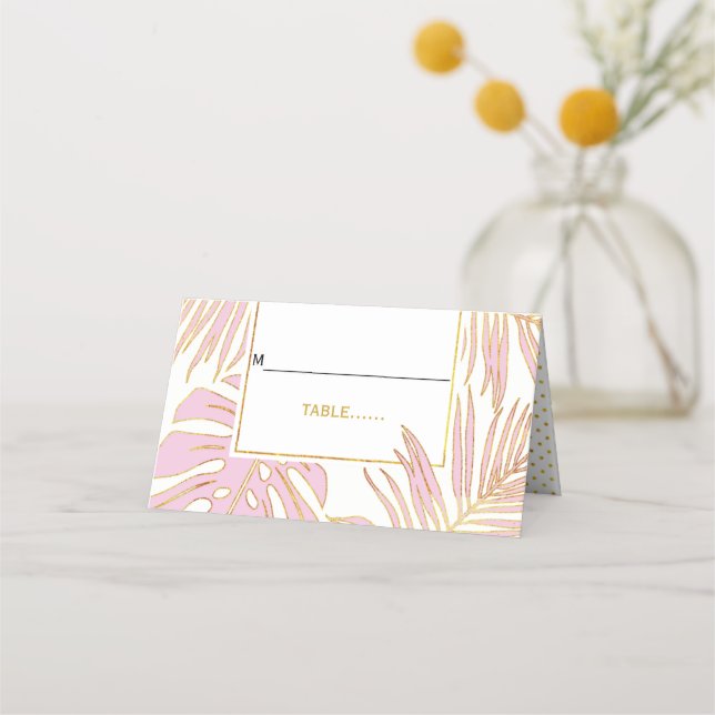 Cartão De Mesa O rosa tropical deixa a escolta dobrada de casamen (Frente)