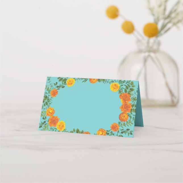 Cartão De Mesa Orange & Aqua Wedding Modern Floral (Frente)