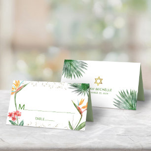 Cartão De Mesa Ouro Verde Morcego Mitzvah Floral Tropical Aquarel
