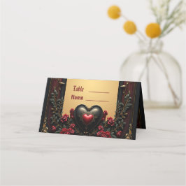 Cartão De Mesa Ouros, rosas vermelhas e um coração: