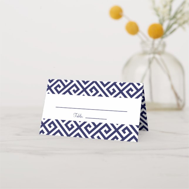 Cartão De Mesa Padrão de Chave Grega Diagonal Azul Marinho e Bran (Frente)