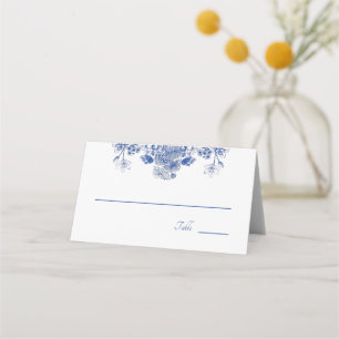 Cartão De Mesa Padrão Floral Chinês Azul e Branco com Pássaro