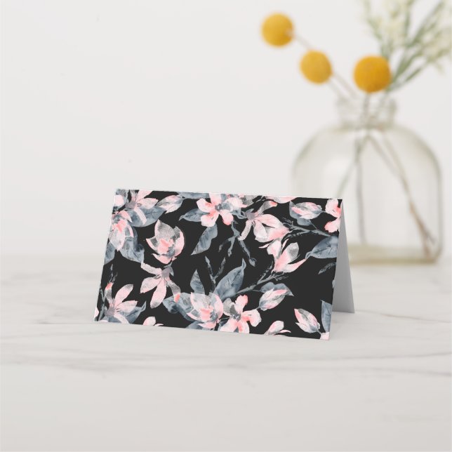 Cartão De Mesa Padrão Floral de Aquarela Rosa e Cinza (Frente)