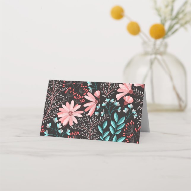 Cartão De Mesa Padrão Floral Rosa e Escuro-Teal (Frente)