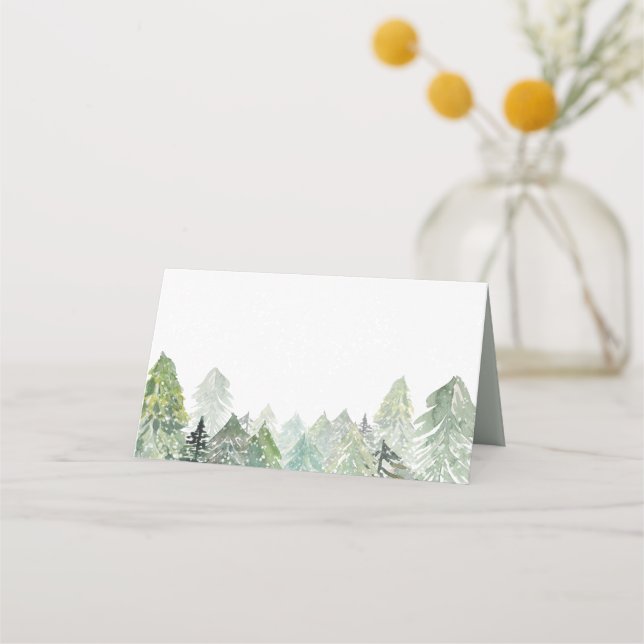 Cartão De Mesa Paisagem de Floresta Evergreen com Neve Aquarela I (Frente)