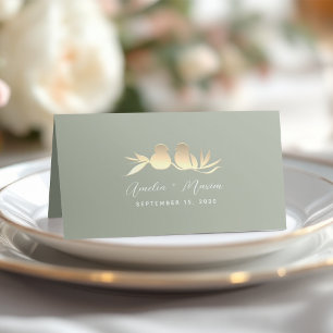 Cartão De Mesa Pássaros do Amor Casamento Verde Salvia Dourado