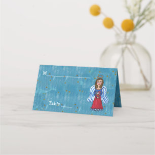 Cartão De Mesa Patriotic Angel Holding flag Blue Dourado Stars