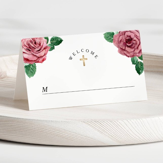 Cartão De Mesa Pêonias Rosa Floral Primeira Comunhão Religiosa (Floral Pink Peonies Religious First Communion Place Card)