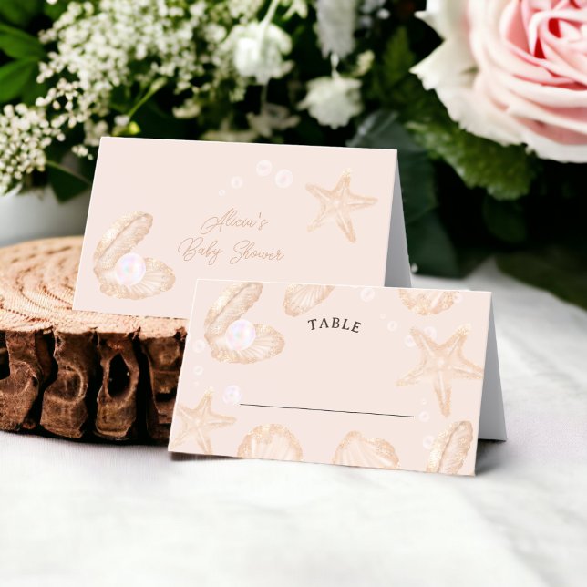 Cartão De Mesa Pequena mesa de pérolas do oceano bonito (Cute ocean little pearl baby shower table place card)