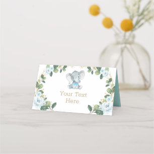 Cartão De Mesa Pequeno Elefante Azul Verde Floral Dourado Bebê