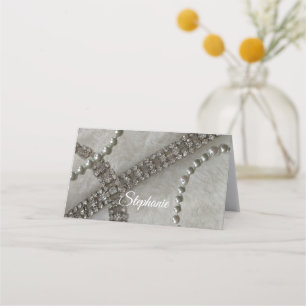 Cartão De Mesa Pérolas de Pelúcia e Porta-Cartão de Diamante