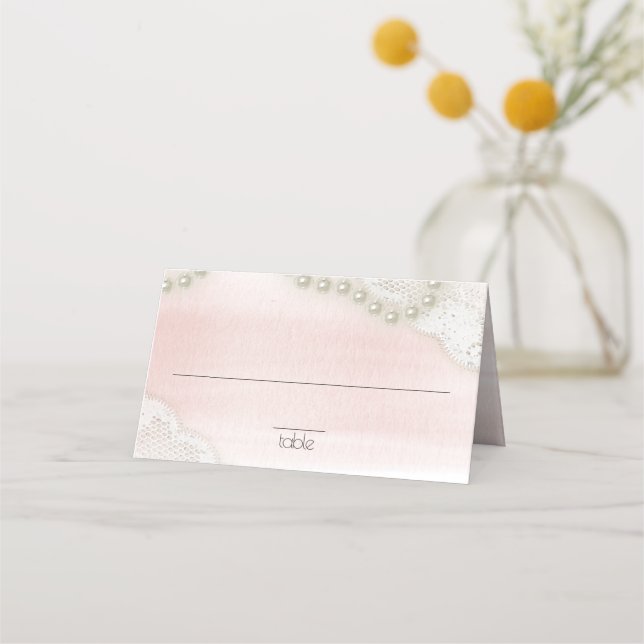 Cartão De Mesa Pérolas e Placa Sentada com Lace Blush (Frente)