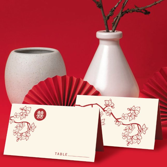 Cartão De Mesa Pêssego Vermelho/Ameixa Brilha Dupla Felicidade Ca (Red Peach/Plum Blossoms Round Double Happiness Chinese Wedding Place Card @ fatfatin_red_knot)