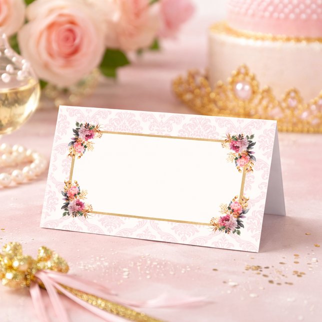 Cartão De Mesa Pink Damask Floral Princesa Conto de Fadas  (Storybook Princess Place Cards
)