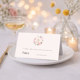 Cartão De Mesa Pink floral wreath gold cross baptism