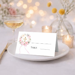 Cartão De Mesa Pink floral wreath gold cross bow ribbon