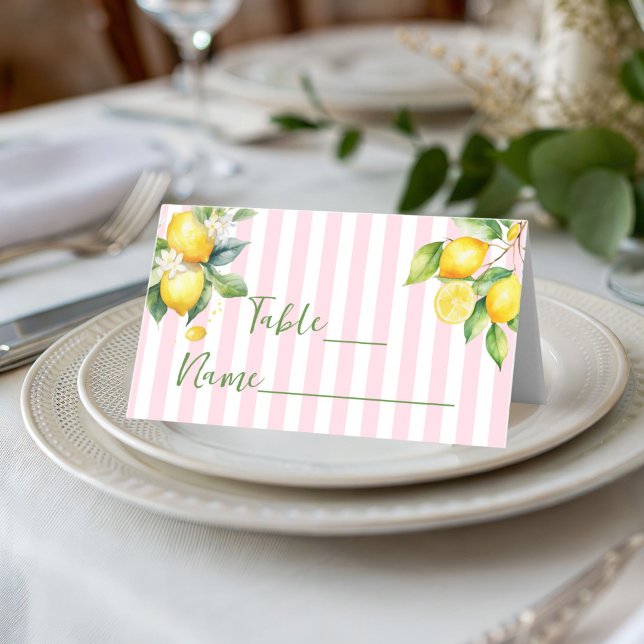 Cartão De Mesa Pink Stripe Citrus Lemon Ciao Bambina Place Card (Pink Citrus lemon Baby Shower decor table place card)