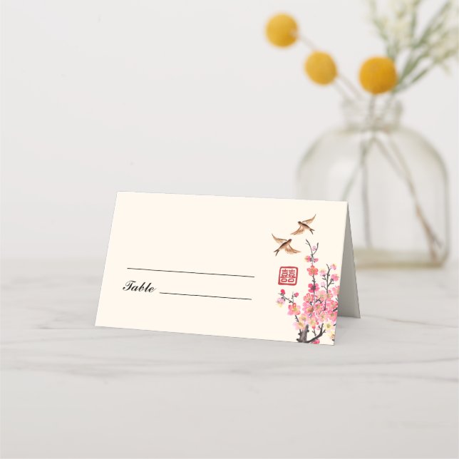 Cartão De Mesa Pintor chinês flores aves casamento (Frente)