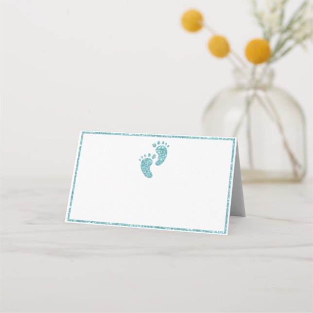 Cartão De Mesa Placa de Colocação de Pés Bebês com Glitter Teal | (Frente)