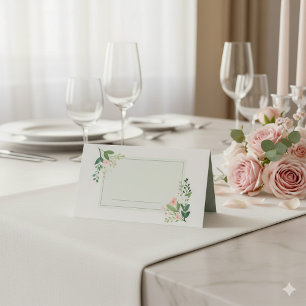 Cartão De Mesa Placa de Local com Nome Floral de Verde Rosa Suave