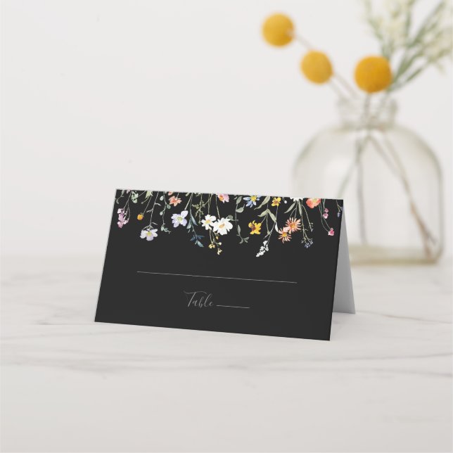 Cartão De Mesa Placa de Local de Casamento Preto Floral Multicolo (Frente)