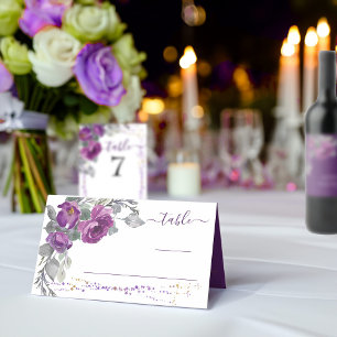 Cartão De Mesa Placa de Local Dobrada Floral e Script Roxo